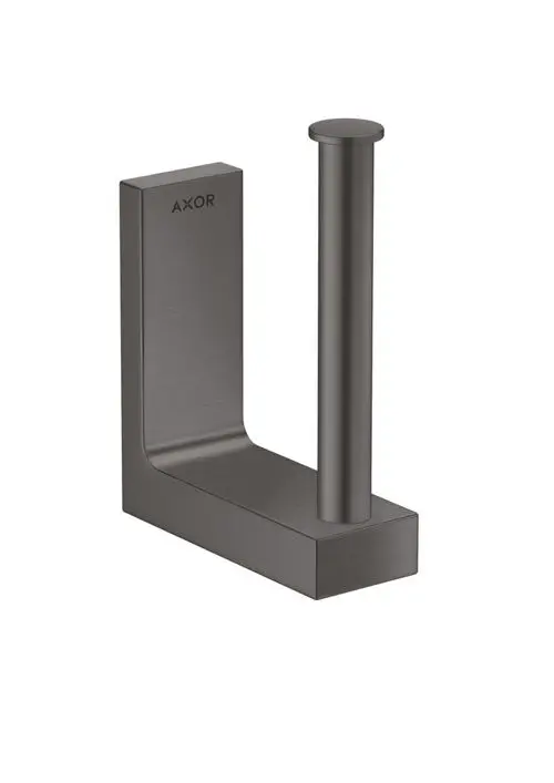 Ersatzpapierrollenhalter in gebürstetem Schwarzchrom von AXOR, mit einem rechteckigen Sockel und einem vertikalen Halter für Papierrollen.